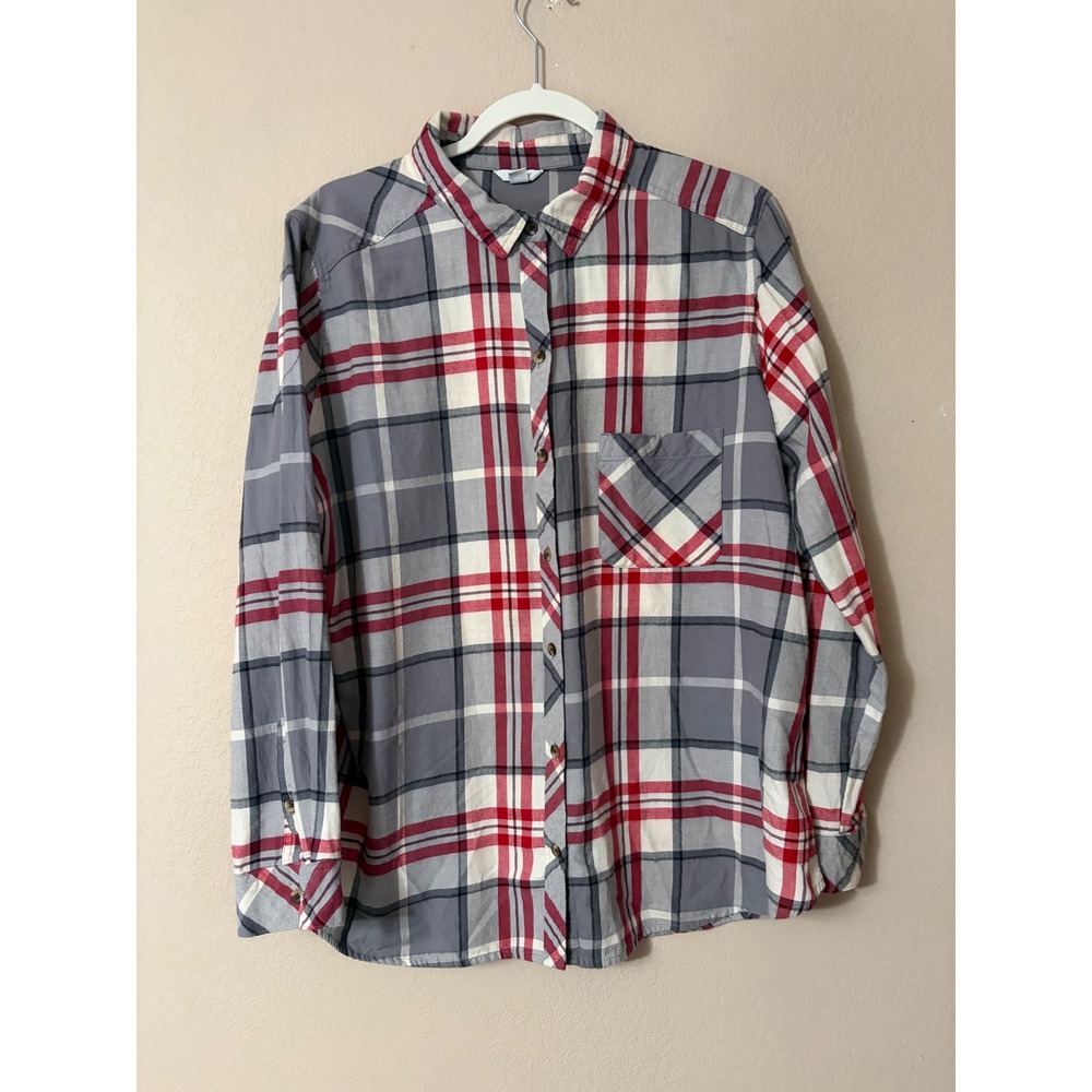 Sonoma Goods For Life Womens 2X Plaid Button Down Shirt Grey Red Cotton Long Slv